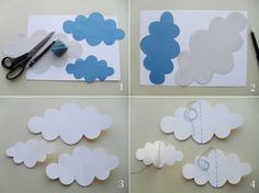 four pictures showing how to make cloud cut outs with scissors and glue on the paper