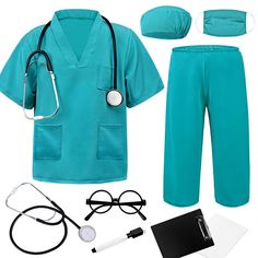 PRICES MAY VARY. Kids Scrubs Set:Scrubs*1，trousers*1，cap*1，mask*1,stethoscope*1,glasses*1，nursing clipboard*1,whiteboard*1,whiteboard pen*1.The high-quality doctor scrubs costume and doctor accessories can make you dress more easily. Material And Size:It is made of cotton and polyester fiber(65% polyester 35% cotton), soft and comfortable! Hand wash or machine wash in cold water. Easy to take care of.There are four sizes available for children aged 3-10. Please refer to our size pictures careful Veterinarian Costume, Nursing Clipboard, Scrubs Costume, Doctor Accessories, Nurse Clipboard, Toddler Boy Halloween Costumes, Kids Scrubs, Pretend Play Costumes, Doctor Scrubs