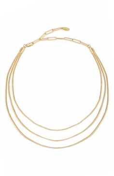 A trio of delicate flex chains gives you a layered look in this 18-karat gold plated necklace that's one single piece. 15" longest strand length; 13 1/2" shortest strand length; 5" extender 18k-gold plate Imported Adjustable Multi-strand Layered Necklace With Delicate Chain, Gold-tone Multi-strand Adjustable Layered Necklace, Gold-tone Multi-strand Layered Necklace, Gold-tone Double Strand Layered Necklace With Delicate Chain, Minimalist Watch, Gold Plated Necklace, Layered Look, Single Piece, Womens Jewelry Necklace