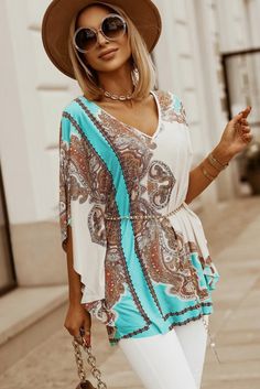 Sky Blue Paisley Print Batwings Sleeve Casual Tunic Top White Paisley Print Top For Vacation, White Paisley Print Top For Beach, White Paisley Print Vacation Tops, Beach Blue Tops With Paisley Print, Blue Paisley Print Beach Top, Blue Paisley Print Top For Vacation, Blue Paisley Print Bohemian Tops, Bohemian Blue Tops With Paisley Print, Blue Bohemian Tops With Paisley Print