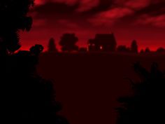 a red sky with some dark trees and houses in the background at night time, as seen from an animated video game