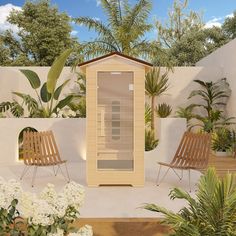 an outdoor sauna with chairs and potted plants