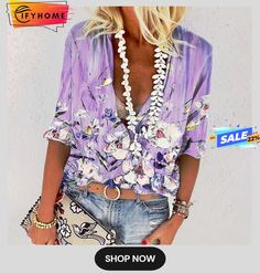 Women's Shirt Blouse Blue Purple Green Floral Button Print Long Sleeve Casual Holiday Basic V Neck Regular Floral S Color Pick, Women Shirts Blouse, Blue Blouse, Purple Green, Long Sleeve Casual, Blue Purple, Women's Shirt, Blue And Purple, Shirt Blouses