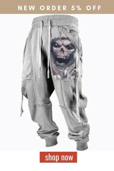 Men's Retro Drawstring Devil Skull Print Casual Pants Skull Print Cotton Bottoms For Streetwear, Cotton Pants For Halloween Streetwear, Grunge Cotton Pants For Halloween, Streetwear Bottoms With Pockets For Halloween, Halloween Streetwear Bottoms With Pockets, Grunge Halloween Bottoms With Skull Print, Halloween Grunge Bottoms With Skull Print, Casual Stretch Bottoms For Halloween, Stretch Cotton Halloween Bottoms