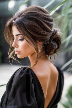 79+ Sunkissed Brunette Hair Ideas Bridesmaid Hairstyle Brunette, Dark Hair Hairstyles Wedding, Low Side Bun Bridesmaid Hair, Elegant Side Bun Hairstyles, Wavy Bridal Hair Medium Shoulder Length, Bride Hair Messy Bun, Dark Brown Bridesmaid Hair, Brown Hair With Highlights Updo, Bridesmaid Updo Dark Hair