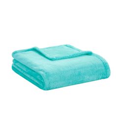 two towels folded on top of each other in turquoise color, with one folded over the edge