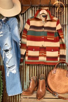 The Santa Fe – Savannah Sevens western life{&}style Rustic Clothing, Serape Pattern, Rustic Outfits, Pendleton Jacket, Santa Fe Style, Western Style Outfits, Ralph Lauren Style, Summer Fashion Dresses, Cowboy Style