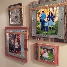 three family photos hanging on the wall in front of two frames with pictures attached to them