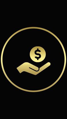 a hand holding a gold dollar sign in a black circle with a gold border around it