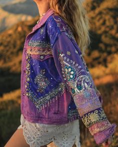 Hand Dyed Upcycled Lavender Denim | Size S/M | Ready to Ship – Wild & Free Jewelry Fancy Denim Jacket, Handpainted Jeans, Jean Jacket Design, Mermaid Crowns, Boho Soul, Embellished Denim Jacket, Bohemian Hairstyles, Wild Free, Embellished Denim