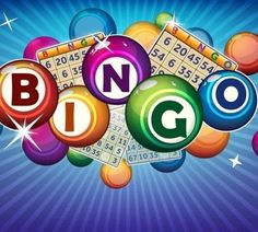 the word bingo surrounded by colorful balls and numbers on a blue background with sparkles