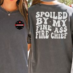 Fire Chief Wife Comfort Colors Tshirt is the perfect gift for any fire chief wife for birthday, Christmas, or Anniversary! In the personalization box, enter the name or number you would like on the front pocket. (Ex: Jackson OR 3602) This shirt fits true to size.  If you want an oversized look, order one size up.  If you want the oversized dress look, order two sizes up. This is made with a 1717 Comfort Colors, garment-dyed t-shirt. Made with 100% ring-spun cotton, soft-washed, and garment-dyed Firefighter Wife Shirt, Firefighter Girlfriend, Firefighter Wedding, Fire Wife, Firefighter Shirts, Female Firefighter, Girlfriend Shirts, Firefighter Wife, Comfort Colors Tshirt