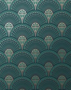 an art deco wallpaper pattern in teal green and gold with fan design on it