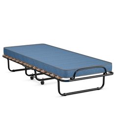 a blue mattress sitting on top of a metal frame