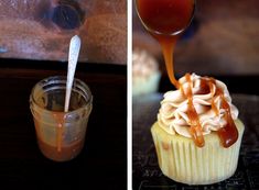 cupcakes with caramel sauce being drizzled over them and then topped with icing