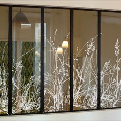 an image of frosted glass on the outside of a window with plants behind it