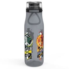 a water bottle with an image of a lion on the front and side, sitting in front of a white background