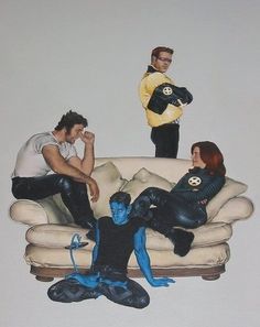 two men and a woman sitting on a couch in front of a drawing of blue man