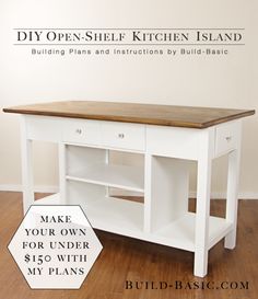 the diy open shelf kitchen island is made from white wood and has a butcher block top