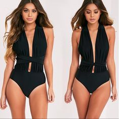 Brand New! Tags Attached! Chic Black One-piece Swimwear, Chic Black Swimwear, Chic Beach Season Bodysuit, Chic Bodysuit For Beach Season, Summer Party Bodysuit With Halter Neck, Chic Summer Bodysuit For Date Night, Chic One-piece Bodysuit For Date Night, Chic Bodysuit For Date Night, Chic Date Night Bodysuit