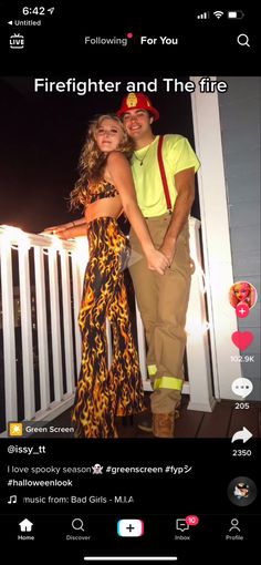 a man and woman posing for a photo on their cell phone with the caption firefighter and the life