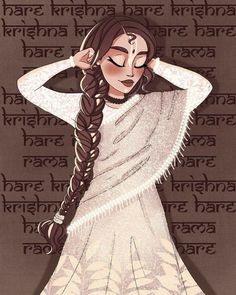 a drawing of a woman with long hair and braids on her head, wearing a white dress