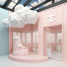 a pink room with a chandelier and clouds above it