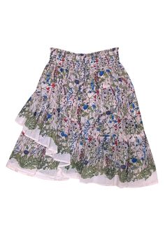 This Maje skirt is blooming with fresh florals on a cream background, giving it a feminine and charming feel. The romantic ruffles add a playful touch, while the smocked waist ensures a comfortable and flattering fit. Style with sandals for a lovely brunch look or add a leather jacket and booties for a chic autumn ensemble. Size 6 (38) Main 100% Polyester Lining 100% Viscose Crepe de chine Pull-on Elasticated waistband Ruffled Waist (unstretched) 21.5" Length 19" Beige Ruffle Hem Mini Skirt, Vintage Floral Print Mini Skirt, Luxury Summer Floral Print Mini Skirt, Multicolor Floral Print Mini Skirt, Luxury Floral Print Mini Skirt, Chic Autumn, Red Floral Print, Ruffled Skirt, Cream Background