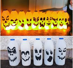 halloween milk bottles are lined up in front of pumpkins and jack - o'- lanterns