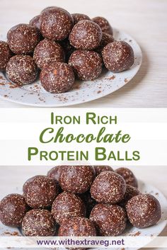 chocolate protein balls on a plate with the words iron rich chocolate protein balls above them