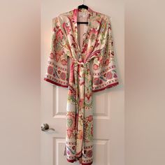 Gorgeous Zara Colorful Floral Kimono Robe New With Tags Stunning Size Xs Side Pockets Ties With Belt 50in Shoulder To Hem Multicolor Silk Robe For Spring, Silk Sleepwear With Floral Print For Spring, Silk Floral Print Sleepwear For Spring, Long Floral Print Sleepwear For Spring, Pink Sleepwear With Kimono Sleeves For Spring, Pink Silk Kimono For Spring, Pink V-neck Spring Robe, Bohemian Floral Print Sleepwear For Spring, Pink Silk Long Sleeve Sleepwear