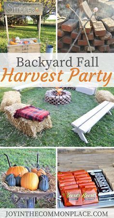 backyard fall harvest party with hay bales and pumpkins