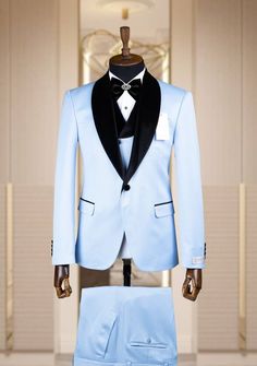 Sizes: 52 Blue Tuxedo With Lapel Collar, Blue Three-piece Suit With Notch Lapel And Pockets, Blue Three-piece Suit With Notch Lapel, Blue Notch Lapel Tuxedo Outerwear, Blue Notch Lapel Tuxedo, Blue Notch Lapel Tuxedo Style Outerwear, Blue Semi-formal Sets With Pockets, Unique Tuxedos, Blue Tuxedos