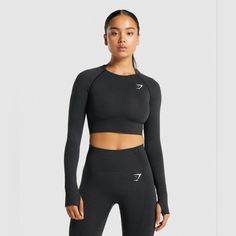 Gymshark Vital Seamless 2.0 Long Sleeve Crop Top Brand New Size L Long Sleeve Gym Tops, Gymshark Vital Seamless, Gym Crop Top, Black Long Sleeve Crop Top, Gym Shark, Sports Bra Top, Outfit Yoga, Workout Crop Top, Gym Tops