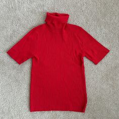 Red Short Sleeve Turtleneck. 77% Viscose 23% Nylon. Never Worn. Red Turtleneck Workwear Top, Red Turtleneck Tops For Work, Classic Red Stretch Tops, Classic Stretch Red Tops, Red Short Sleeve Tops For Winter, Short Sleeve Turtleneck Outfit, Oversized Cowl Neck Sweater, Red Turtleneck Sweater, Red Turtleneck