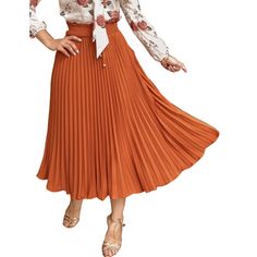 Orange Pleated Lace-up High Waist Skirt Chic Orange Pleated Bottoms, Orange Pleated Skirt For Spring, Spring Orange Pleated Skirt, Orange Flowy Skirt For Fall, Casual Pleated Orange Bottoms, Casual Orange Pleated Bottoms, High Waist Skirt, Petticoat, Waist Skirt