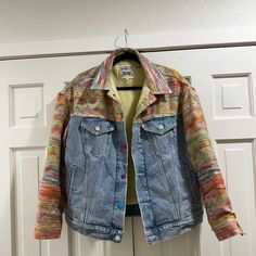 Nwot, Custom Levi's Sherpa Trucker Jacket Medium Cozy Sherpa Lining Multicolored Levi's Buttons Multicolor Patchwork Long Sleeve Denim Jacket, Multicolor Denim Jacket With Pockets For Fall, Multicolor Cotton Denim Jacket With Long Sleeves, Multicolor Long Sleeve Cotton Denim Jacket, Fitted Multicolor Denim Jacket With Long Sleeves, Fitted Multicolor Denim Jacket For Winter, Colorful Cotton Outerwear For Fall, Fitted Multicolor Long Sleeve Denim Jacket, Colorful Casual Outerwear For Spring