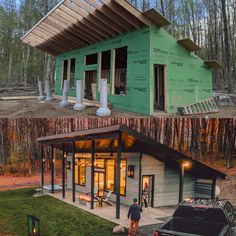 two pictures of a house being built in the woods, and one is under construction