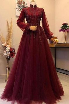 Full Sleeve Gowns, Red Evening Dresses, Prom Dress With Lace, Dresses Long Sleeves, Muslim Evening Dresses, Formal Dresses With Sleeves, Tulle Evening Dress, Casual Chique