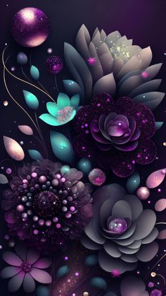 purple flowers and bubbles on a black background