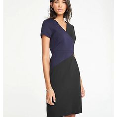 Asymmetric Colorblocking Lends An Alluring Slant To Our Smooth Ponte Knit Sheath Dress. V-Neck. Short Sleeves. Hidden Back Zipper With Hook-And-Eye Closure. Soft & Stretchy Fit Hits At Knee 23" From Natural Waist 68% Rayon, 28% Nylon, 4% Spandex Machine Washable Imported Retail: $139 Perfect Office, Ponte Dress, Form Fitting Dress, Long Sleeve Print Dress, Shift Dress Black, Career Dress, Sleeveless Sheath Dress, Black Sleeveless Dress, Ann Taylor Dresses