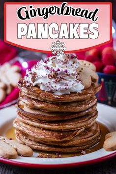 A stack of gingerbread pancakes with a text overlay title. Gingerbread Pancakes, Easy Gingerbread, Healthy Christmas Recipes, Healthy Pancake Recipes, Healthy Christmas, Holiday Breakfast, Pancakes Healthy, Tree Cakes, Gingerbread Cookie