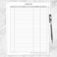 a printable cash log on top of a table next to a pen