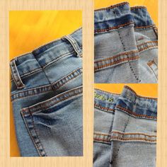 two pictures of the back and side pockets of a pair of jeans with holes in them