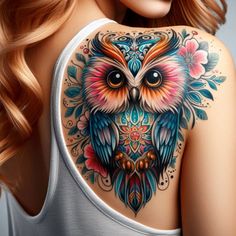 an owl tattoo on the back of a woman's upper half - arm and shoulder