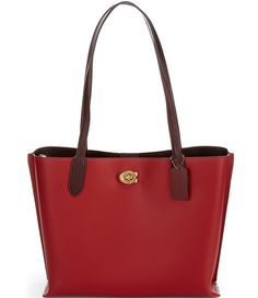 From COACH&#x2C; the Willow Colorblock and Signature Interior Tote Bag features:Polished pebble leather and Signature coated canvasTurnlock and magnetic snap closuresCenter zip compartmentDouble handles Four protective feet at baseApprox. 13.5" L x 10.75" H x 5.75" W bag; 11.5" handle dropImported. Red Leather Bag With Leather Trim, Red Leather Bags With Leather Trim, Red Leather Trim Shoulder Bag For Shopping, Red Shoulder Bag With Leather Trim For Shopping, Red Shopping Bag With Leather Trim, Red Leather Trim Shopping Bag, Red Leather Trim Bag For Shopping, Classic Red Bags With Leather Trim, Coach Bags With Leather Trim For Everyday Use