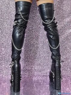 OrcaJump - Gothic-inspired Womens Thigh High Boots: Black Platform Boots with Metal Detail and High Heel, Over The Knee Design Boots With Platform, Womens Thigh High Boots, Gothic Boots, Black Thigh High, Gothic Design, High Top Boots, Black Platform Boots, Designer High Heels, Womens Chunky Heels