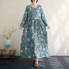 Women's Vintage Floral Dress A Line Crew Neck Cotton Linen Holiday Vacation Ethnic Dress Multicolor Long Sleeve Folk Dress, Multicolor Folk Long Sleeve Dress, Folk Style Long Sleeve Floral Print Dress, Folk Style Long-sleeved Floral Print Dress, Bohemian Non-stretch Floral Print Dress, Folk Style Floral Print Maxi Dress, Spring Folk Style Dress With Boho Print, Spring Folk Dress With Boho Print, Folk Style Tunic Dress For Fall