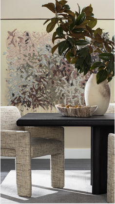 a table with a bowl on top of it next to two chairs and a potted plant