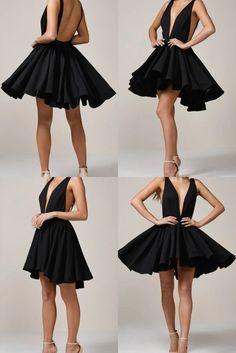 Make a bold statement in this timeless A-Line Satin Deep V-Neck Black Short Homecoming Party Dress. Ideal for special occasions, the simple yet elegant design of this dress is sure to turn heads. Crafted with luxurious satin fabric for a bold, stylish look. Elegant V-neck Backless Party Dress, Chic V-neck Backless Dress For Gala, V-neck Mini Dress For Gala And Prom Season, V-neck Mini Dress For Gala During Prom Season, Elegant Black Backless Prom Dress, Elegant Black Backless Dress For Prom, Black V-neck Dress With Flattering Silhouette, Elegant Backless A-line Party Dress, Elegant Black V-neck Backless Dress